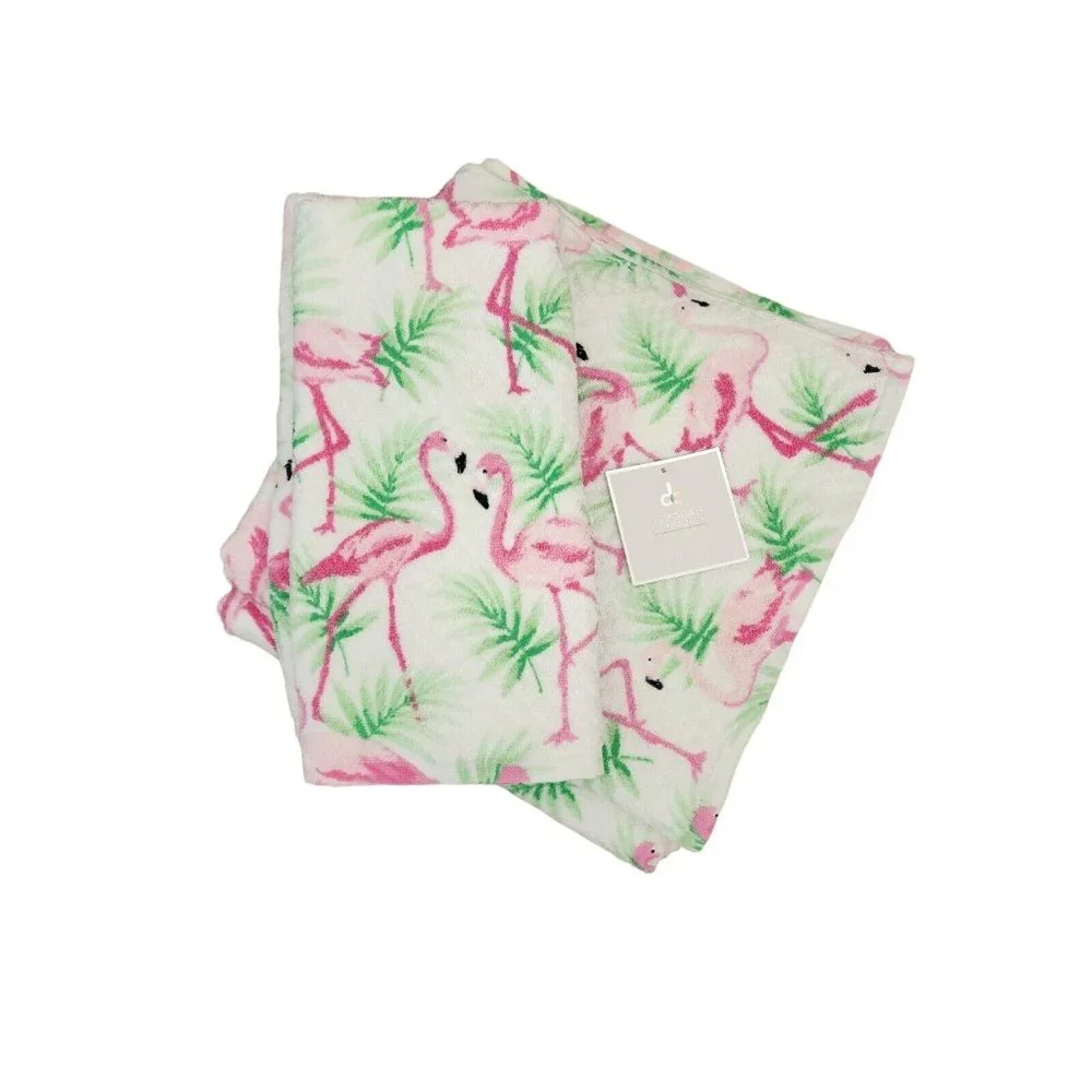 Deborah Connolly Set of 2 Flamingo Bath + 2 Hand Towels White Pink Green NWT